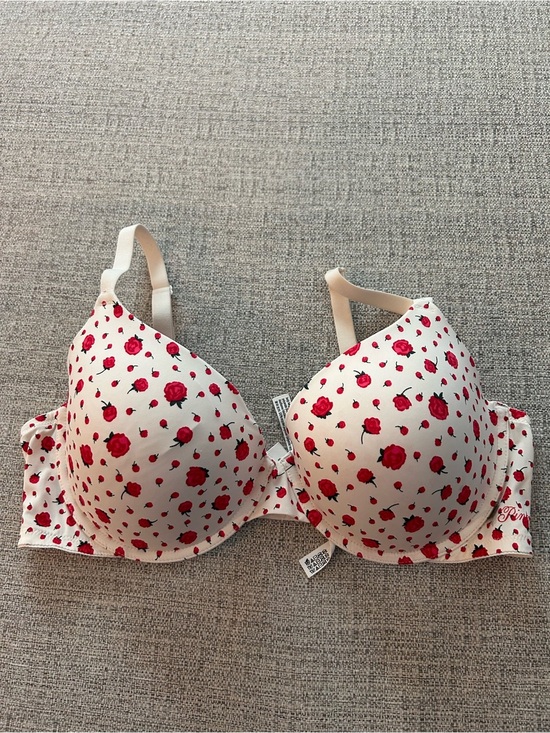 Victoria's Secret Other - Victoria's Secret Pink White Bra with Red Rose Print Underwire Size 38D